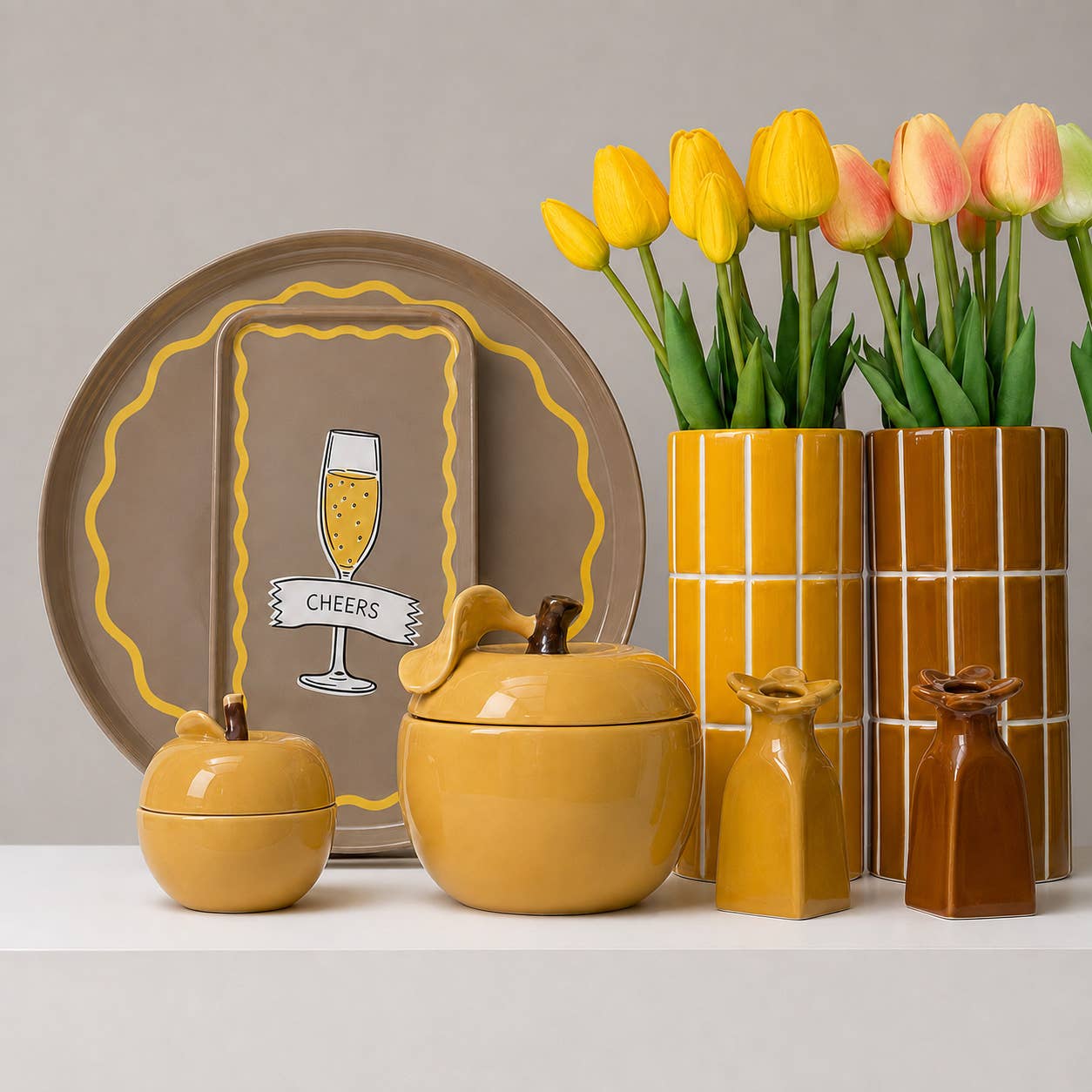 Yellow tiled vase, Ø10.5 cm × H23 cm