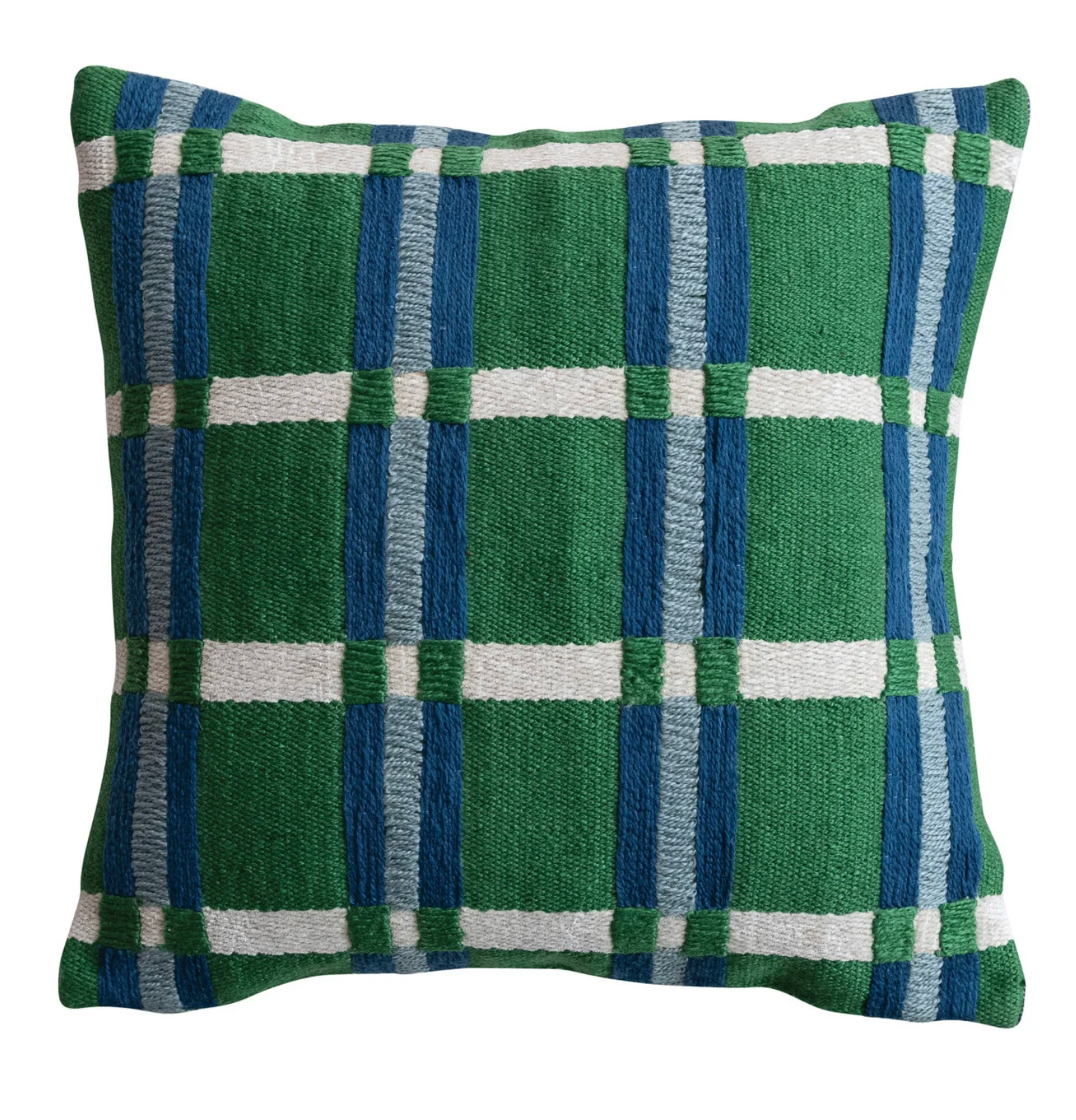 Square Woven Fabric Pillow with Embroidery -GR/BL