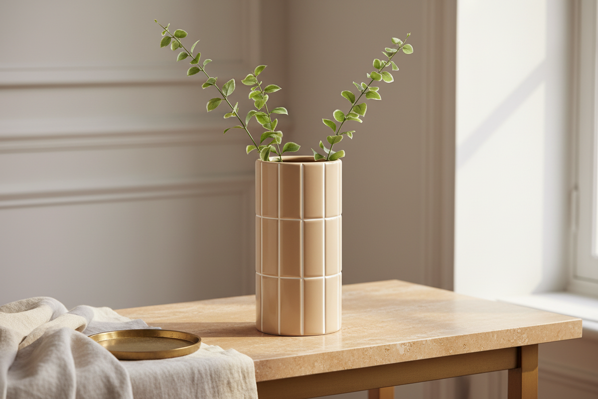 Beige Parisian tiled vase, D4" H9"