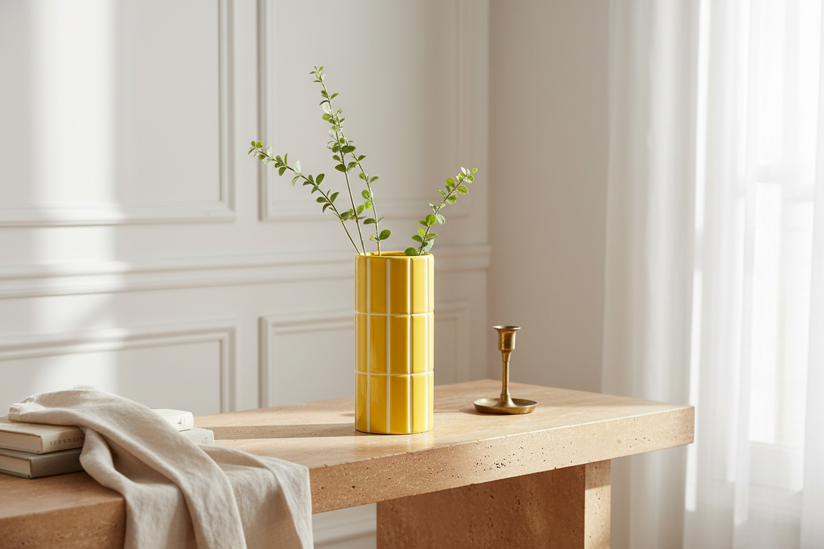 Yellow Parisian tiled vase, D4" H9"