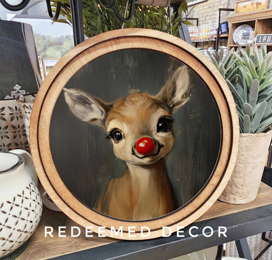Rudolph Round Framed Christmas Art | 8 Inches