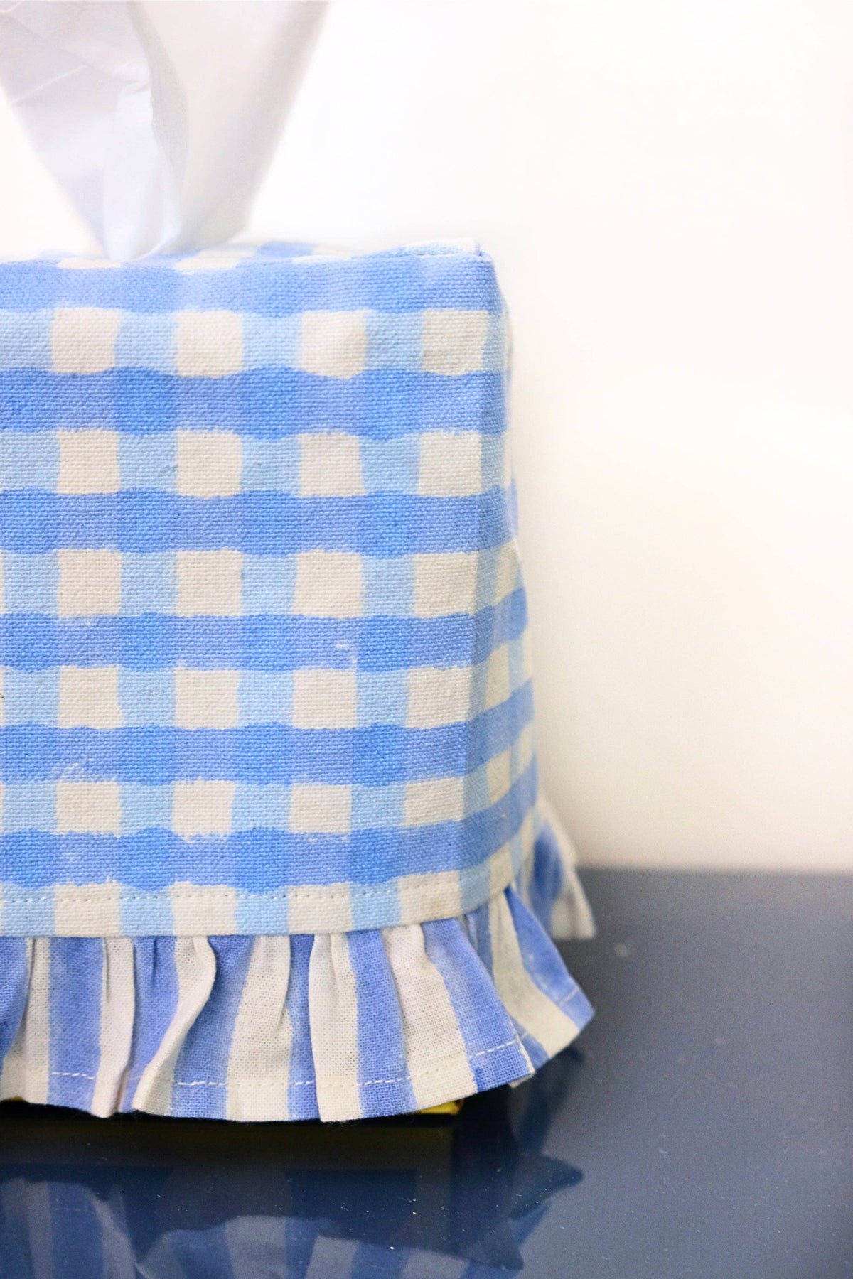 Ruffle Tissue Box Cover in Blue Gingham Blockprint
