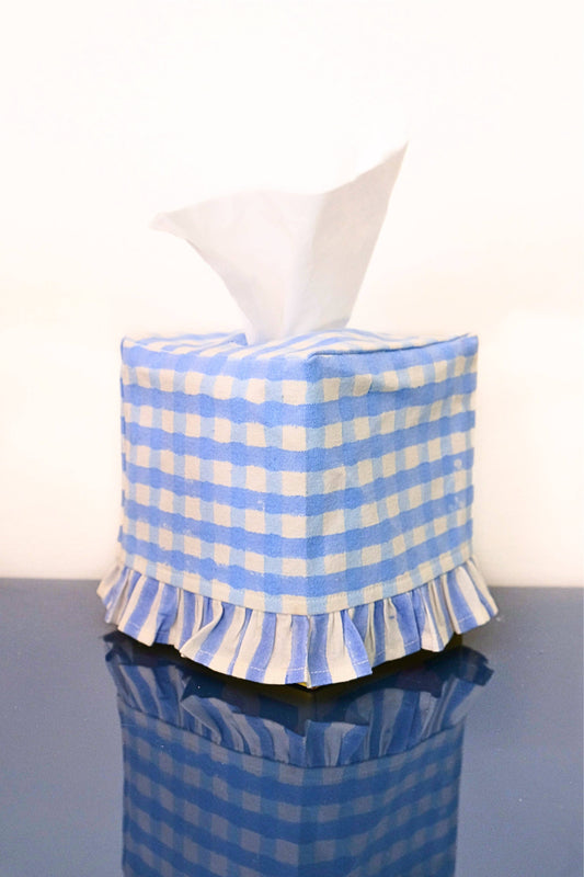 Ruffle Tissue Box Cover in Blue Gingham Blockprint