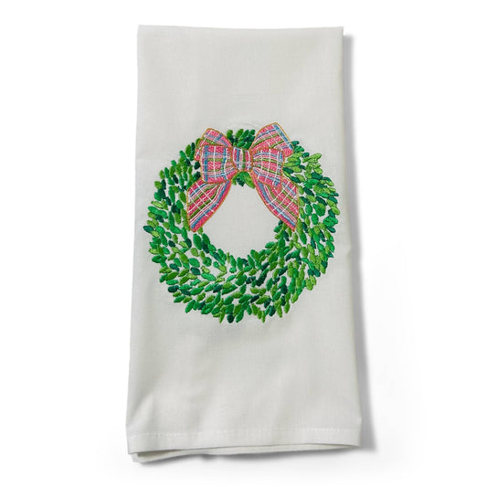 Boxwood Wreath & Pink Bow Embroidered Cotton Towel