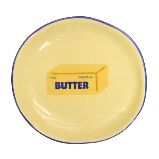 Round Trinket Tray Butter with Blue Rim