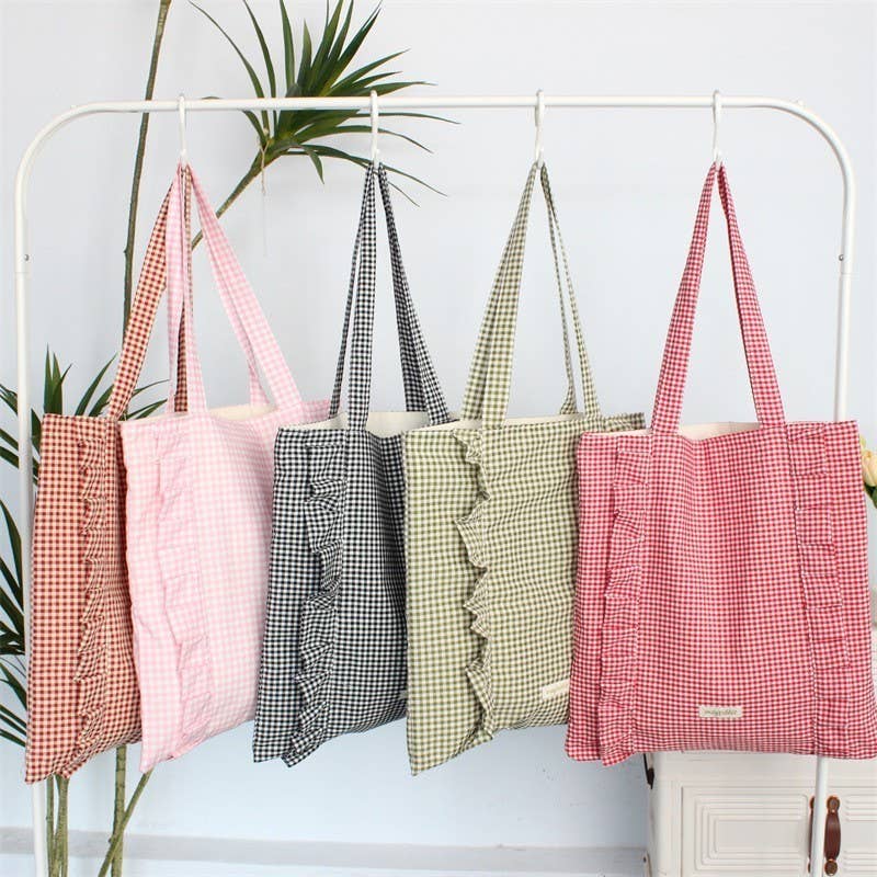 Gingham Ruffle Canvas Shoulder Tote Bag | 40P614
