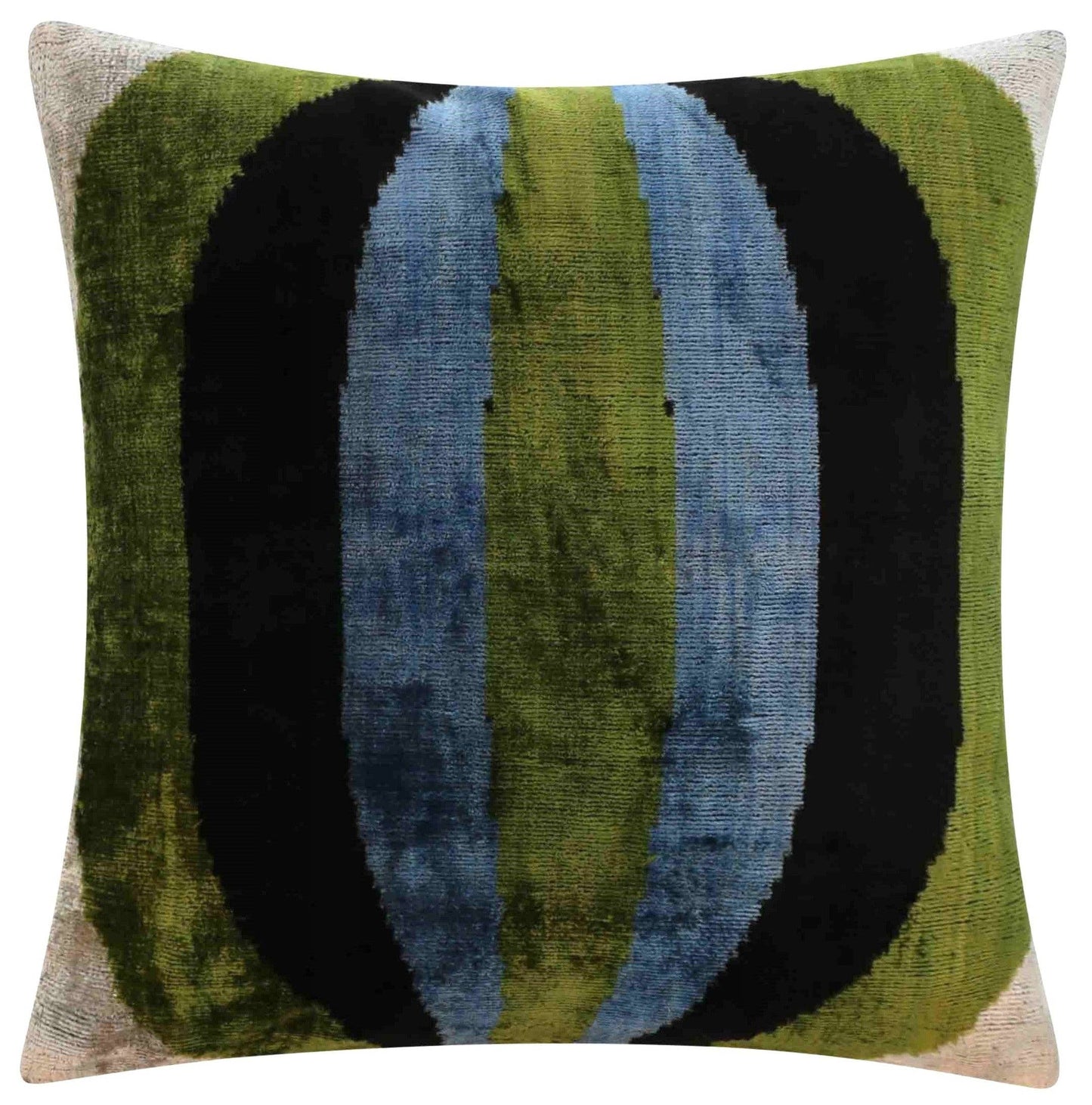 Handmade Silk Velvet Striped Pillow -  GR/BL/BLK