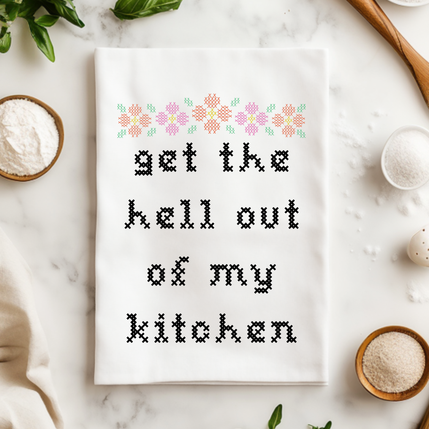 Colorful Cross Stitch Towels - Get Out of My Kitchen