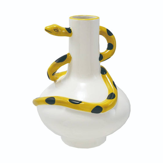 White Stoneware Vase with Yellow 3D Snake, 9″