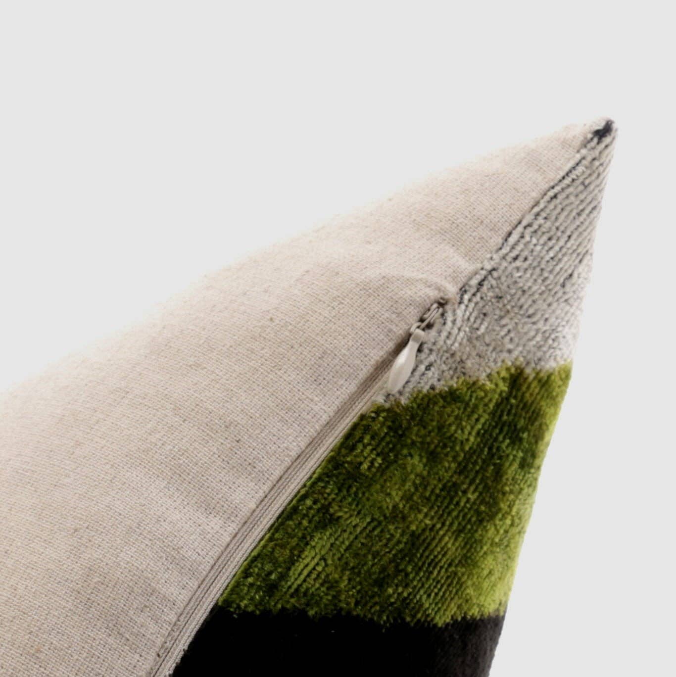 Handmade Silk Velvet Striped Pillow -  GR/BL/BLK
