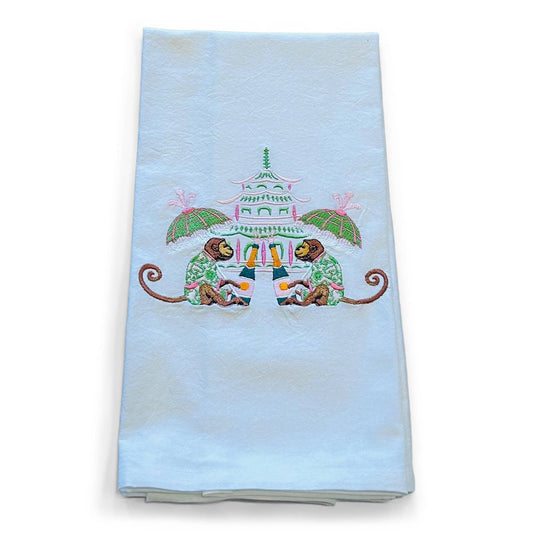 Celebrating Monkeys Embroidered Cotton Towel, White