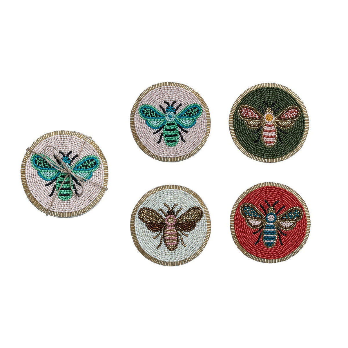 Beaded Glass Insect Coasters with Gold Trim, Set of 4