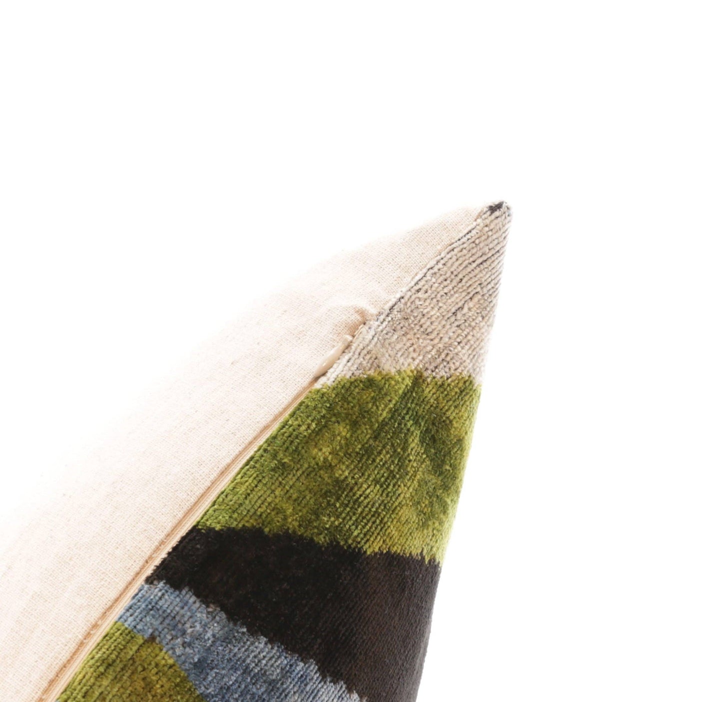 Handmade Silk Velvet Striped Pillow -  GR/BL/BLK