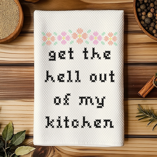 Colorful Cross Stitch Towels - Get Out of My Kitchen