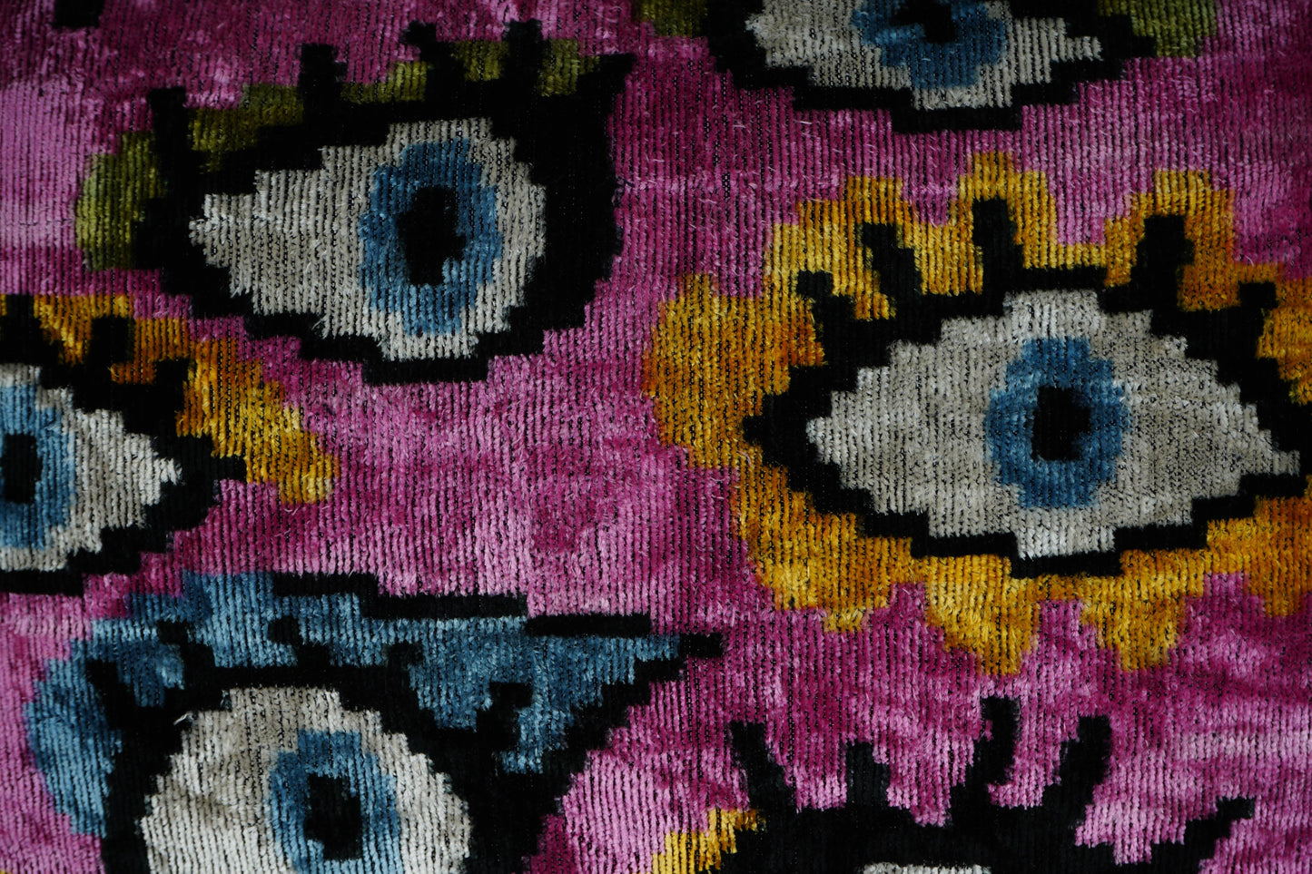 Pink Ikat Velvet Evil Eye Pillow Cover – Handmade Uzbek Deco