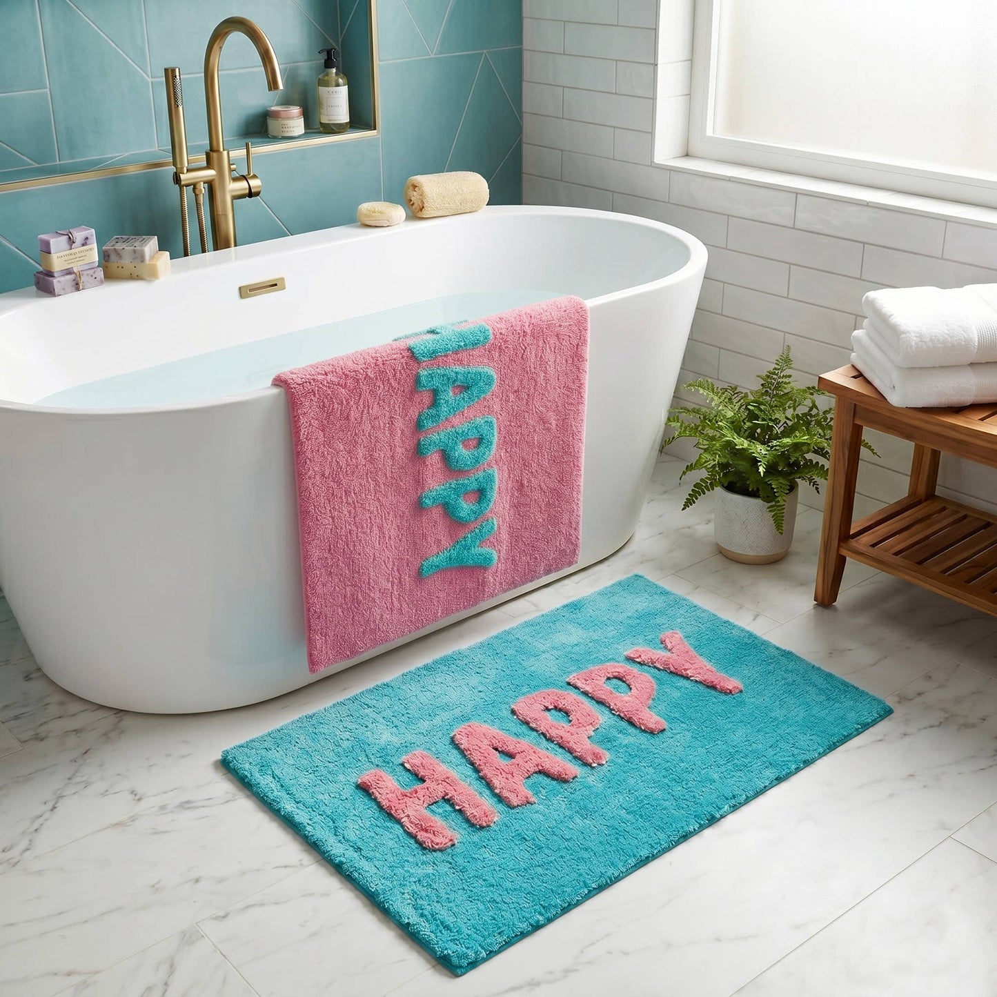 Happy Slogan Colourful Bath Mat Non Slip - Soft & Absorbent