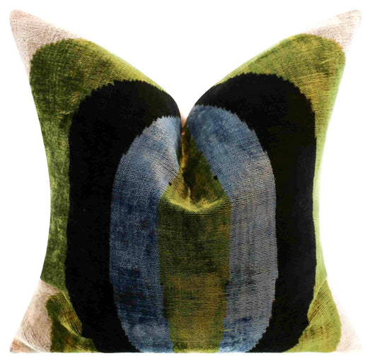 Handmade Silk Velvet Striped Pillow -  GR/BL/BLK