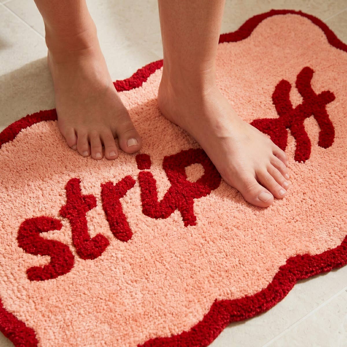 Strip Off Slogan Scalloped Bath Mat Non Slip