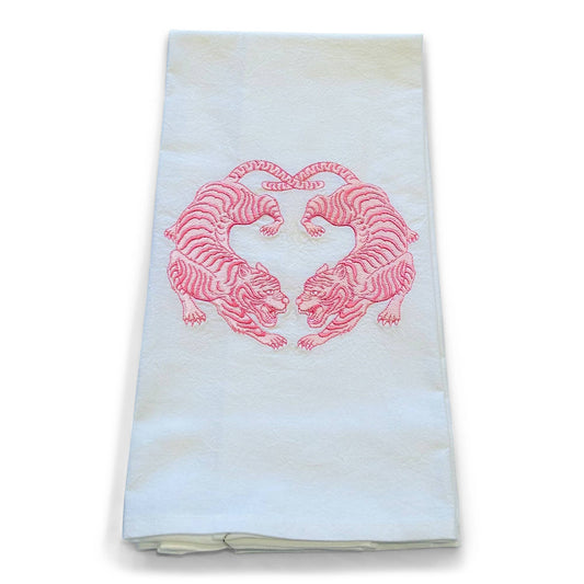 Pink Twin Tigers Embroidered Cotton Towel