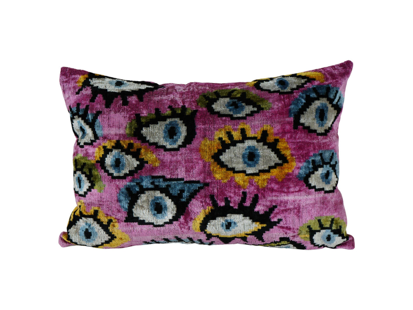Pink Ikat Velvet Evil Eye Pillow Cover – Handmade Uzbek Deco
