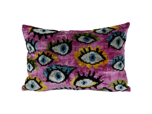 Pink Ikat Velvet Evil Eye Pillow – Handmade Uzbek Deco