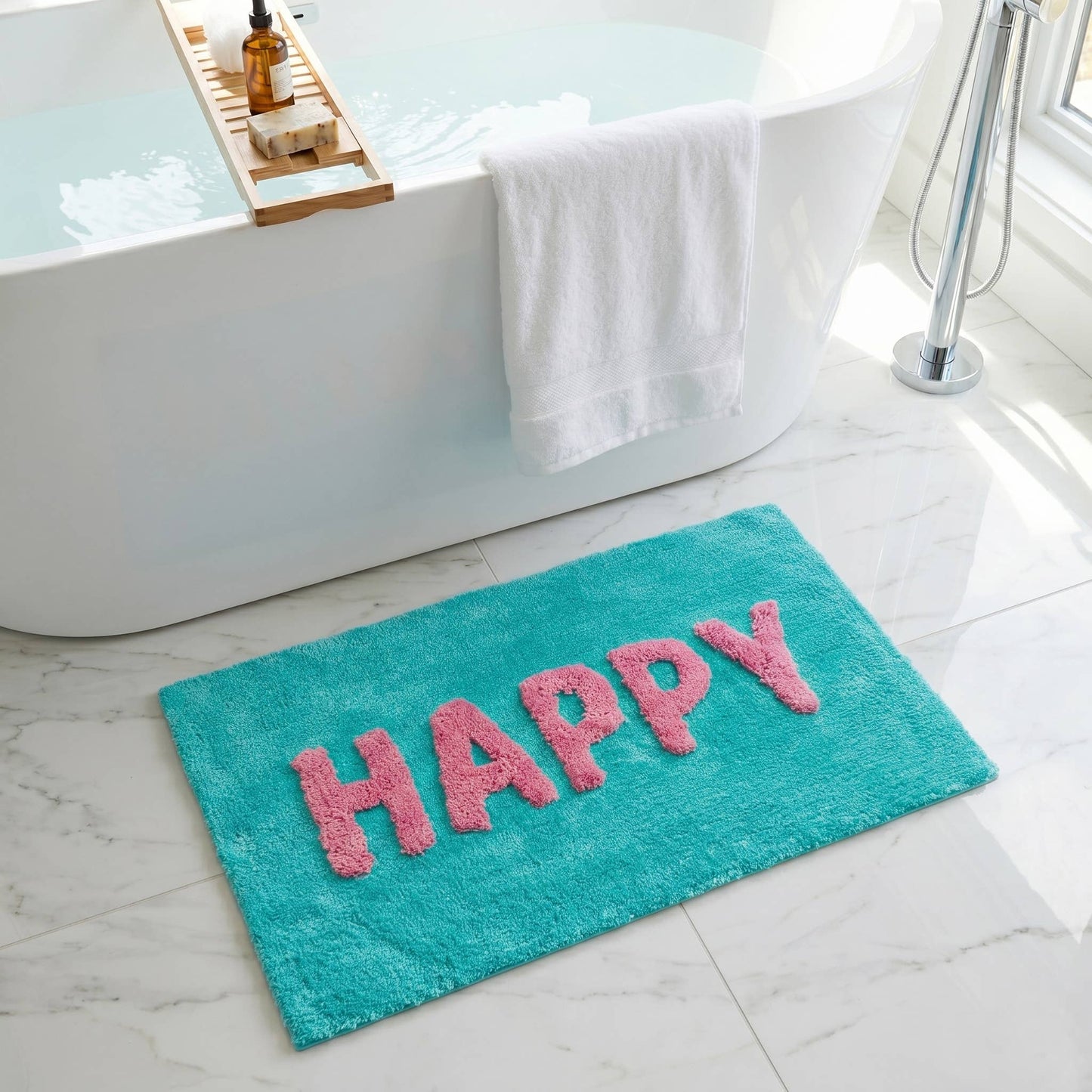 Happy Slogan Colourful Bath Mat Non Slip - Soft & Absorbent