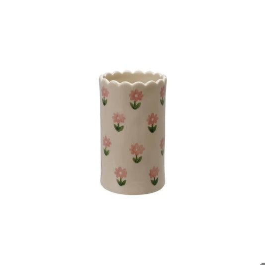 Pink & Green Flower Stoneware Vase (2-1/2d x 4-1/4"H)