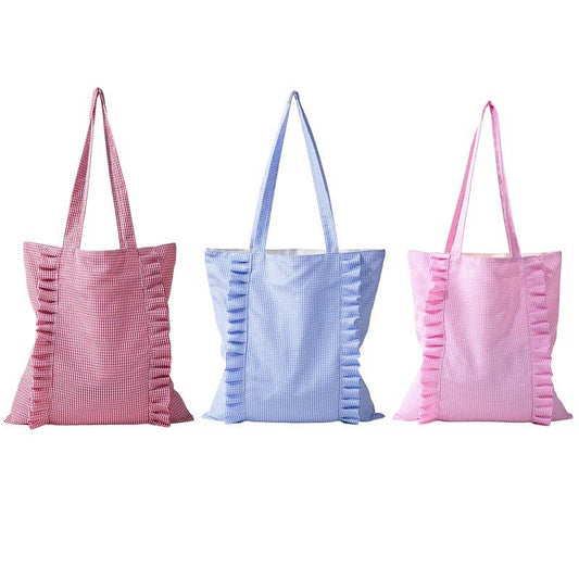 Gingham Ruffle Canvas Shoulder Tote Bag | 40P614