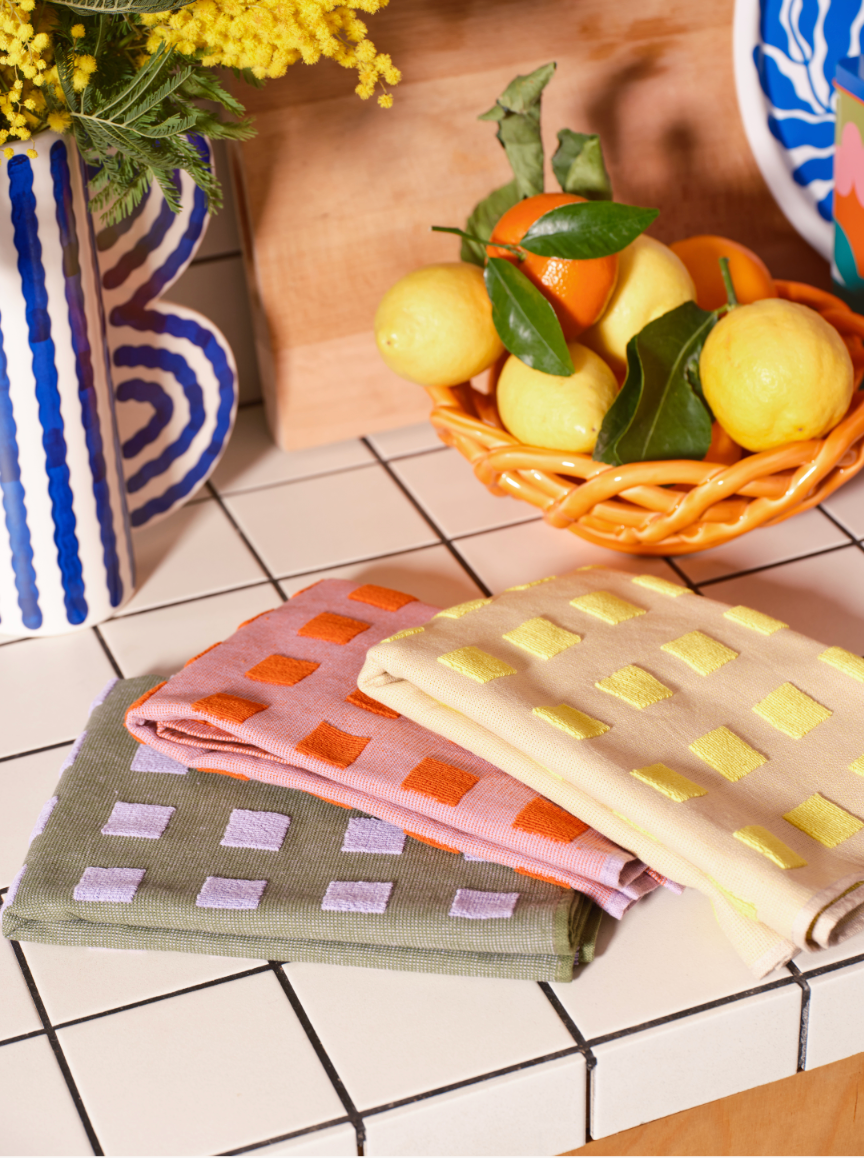 Squares Woven Terry Tea Towel – Oat/Yellow