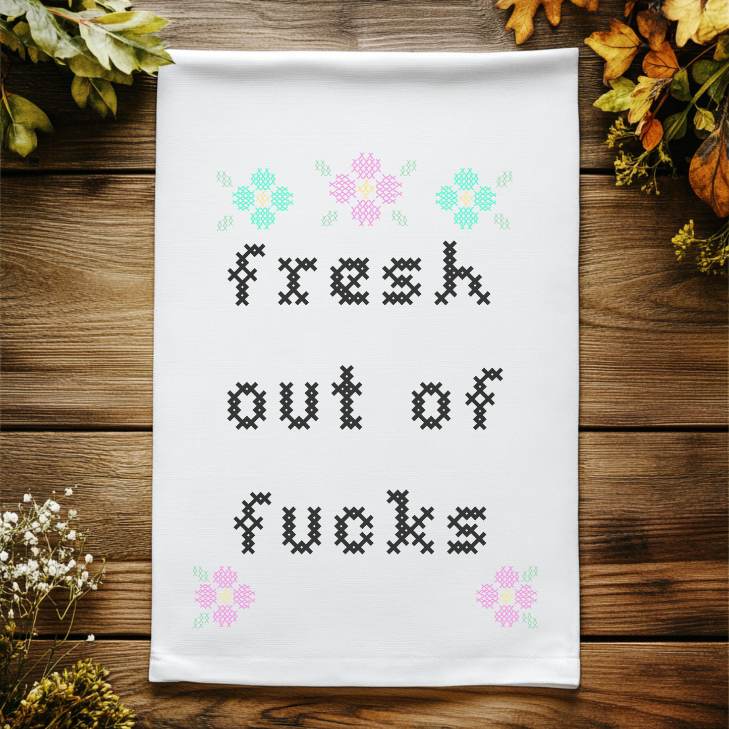 Colorful Cross Stitch Towels - Fresh Out of Fucks