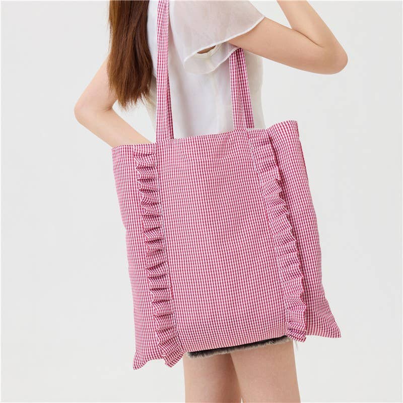 Gingham Ruffle Canvas Shoulder Tote Bag | 40P614