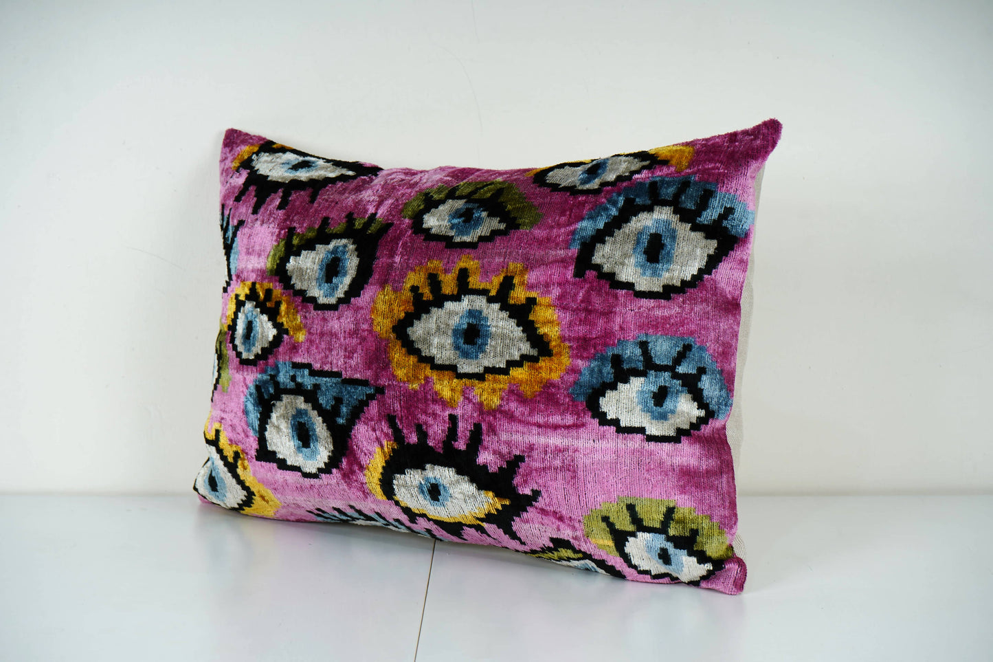 Pink Ikat Velvet Evil Eye Pillow Cover – Handmade Uzbek Deco