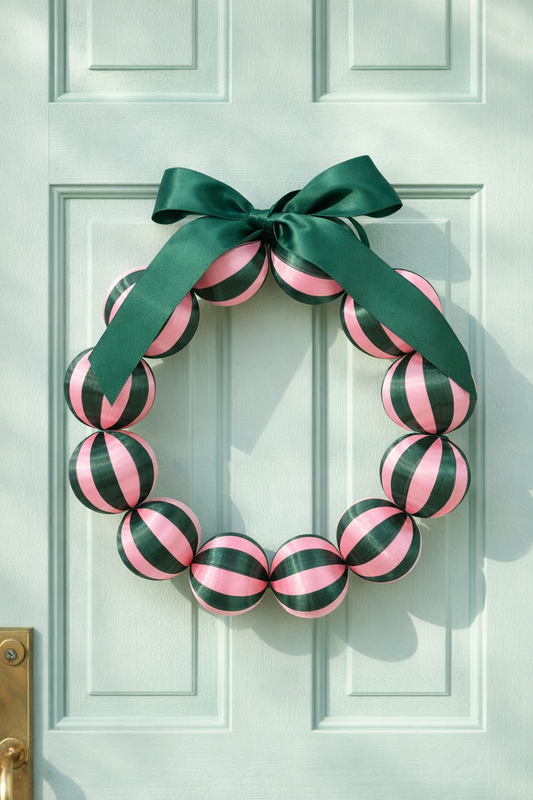 Green & Pink Satin-Look Ball Christmas Wreath