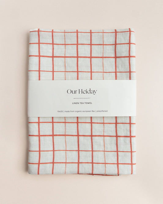 Crimson Loose Grid Organic Linen Tea Towel