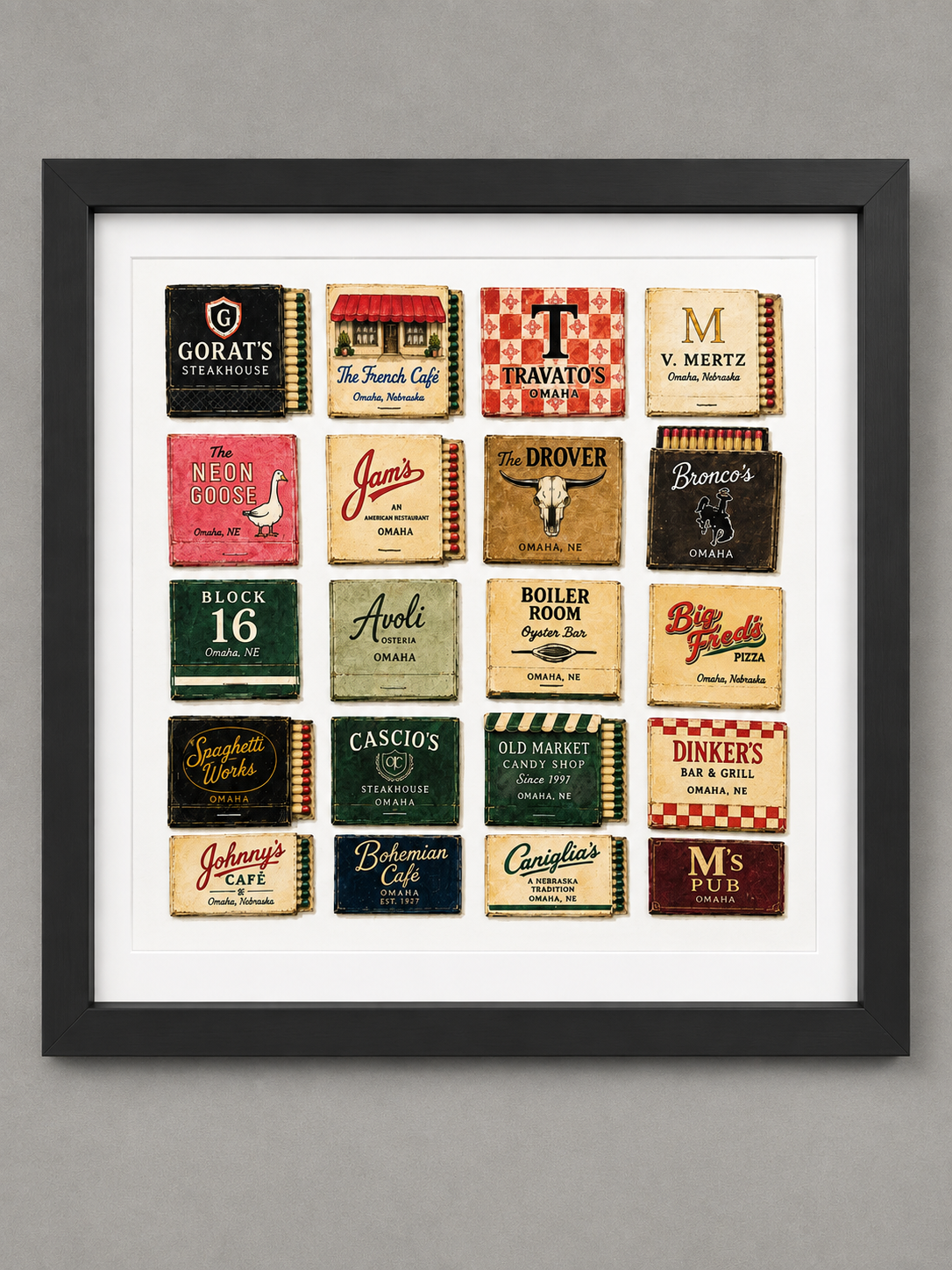 Omaha Restaurants Matchbook Print With Black Frame