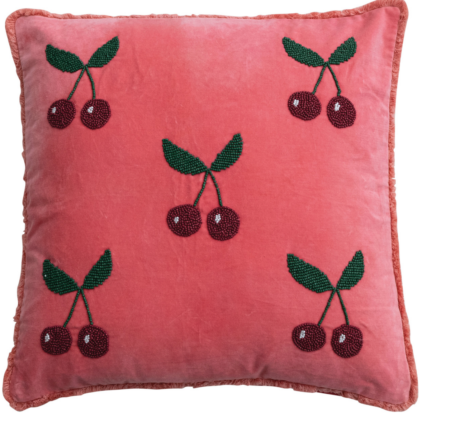 Creative Co-Op 20" Cotton Velvet Pillow with Hand-Beaded Cherries