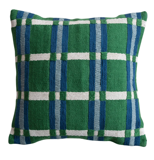 Square Woven Fabric Pillow with Embroidery -GR/BL