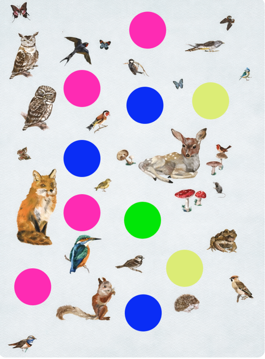 Maple Framed Woodland Creatures with Colorful Dots 16x24