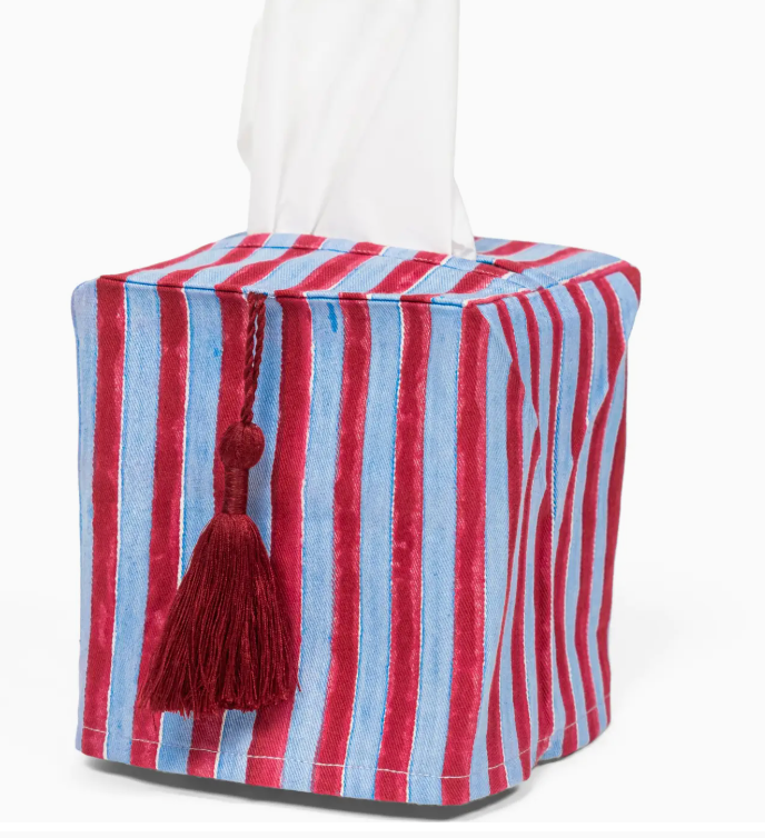 Stripes Blockprint Tissue Box Cover Red and Blue