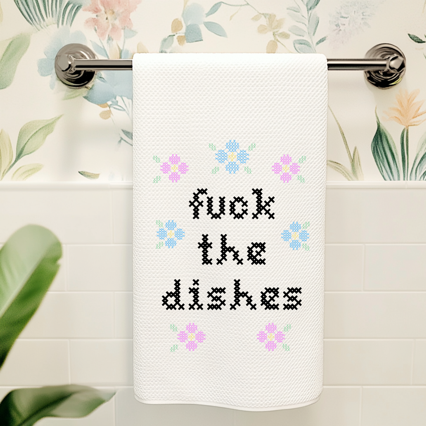 Colorful Cross Stitch Towels - Fuck the Dishes