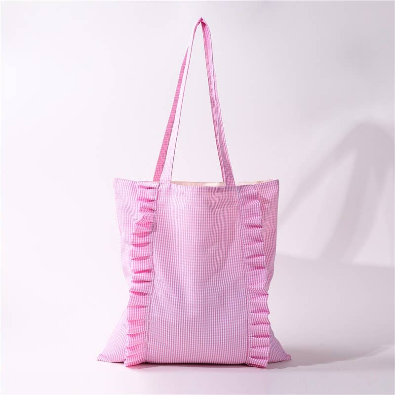 Gingham Ruffle Canvas Shoulder Tote Bag | 40P614
