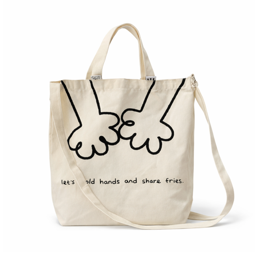 Karepango Hold Hands Share Fries Large Canvas Tote Bag – White