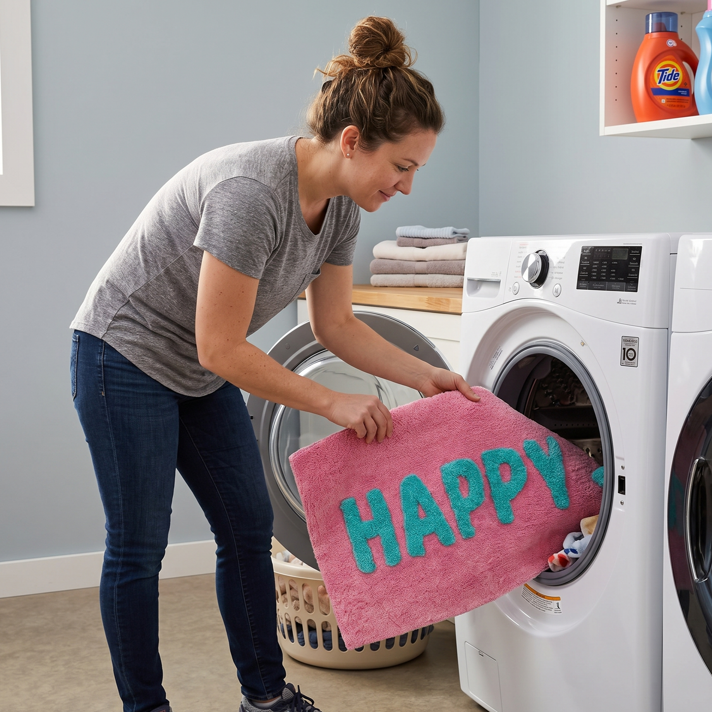 Happy Slogan Colourful Bath Mat Non Slip - Soft & Absorbent