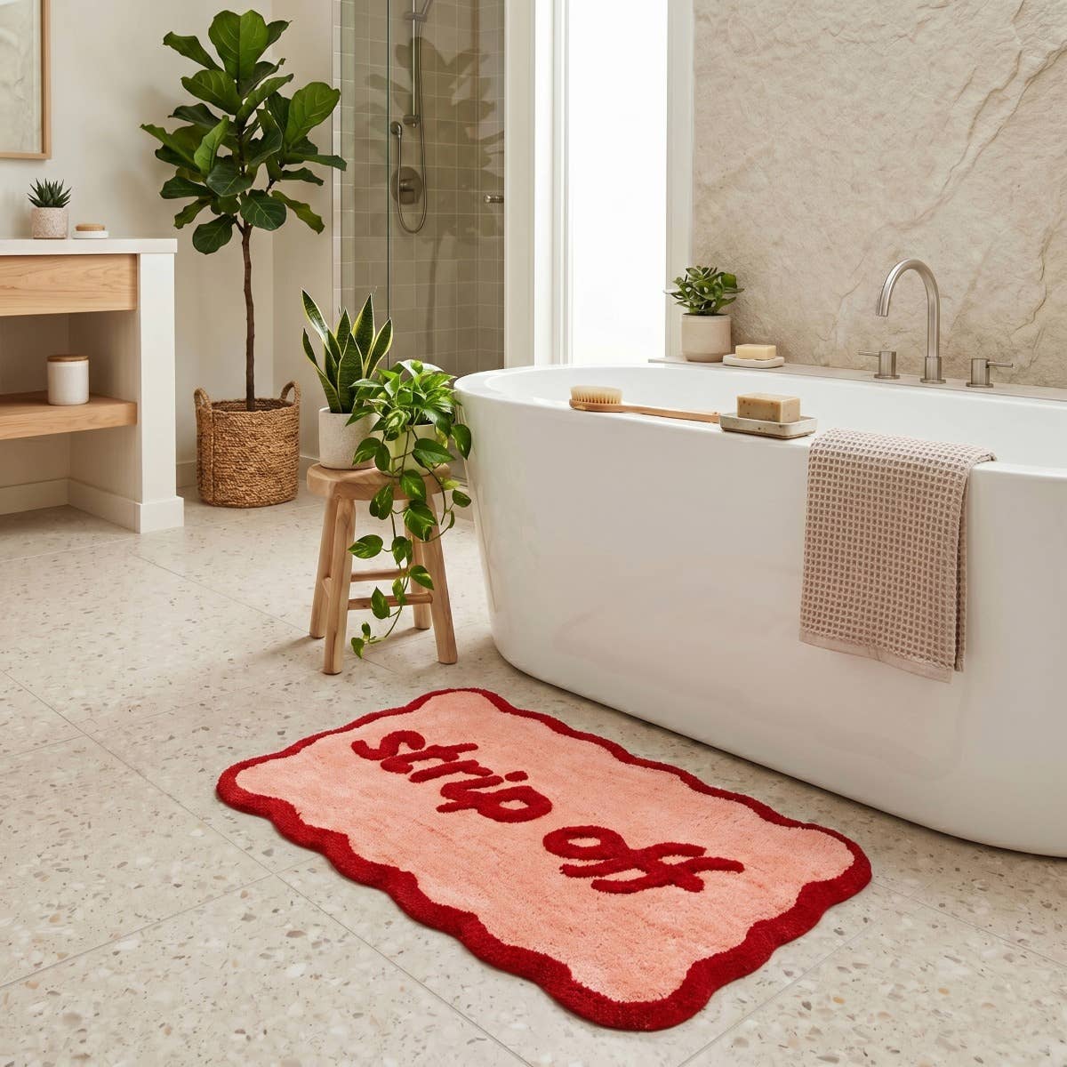 Strip Off Slogan Scalloped Bath Mat Non Slip