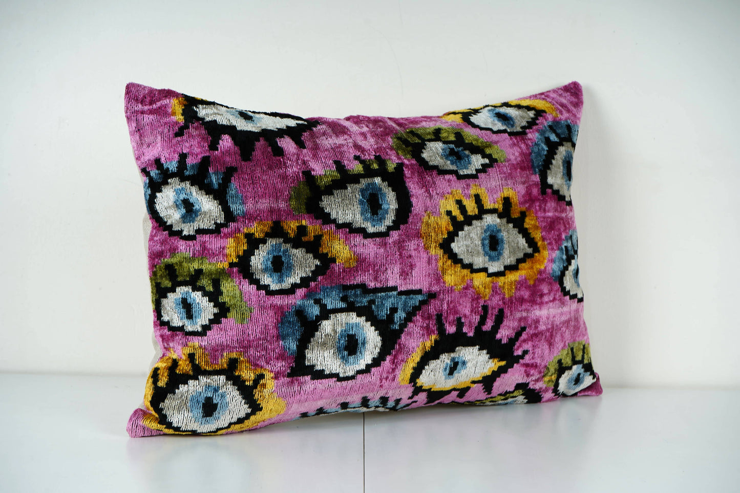 Pink Ikat Velvet Evil Eye Pillow Cover – Handmade Uzbek Deco
