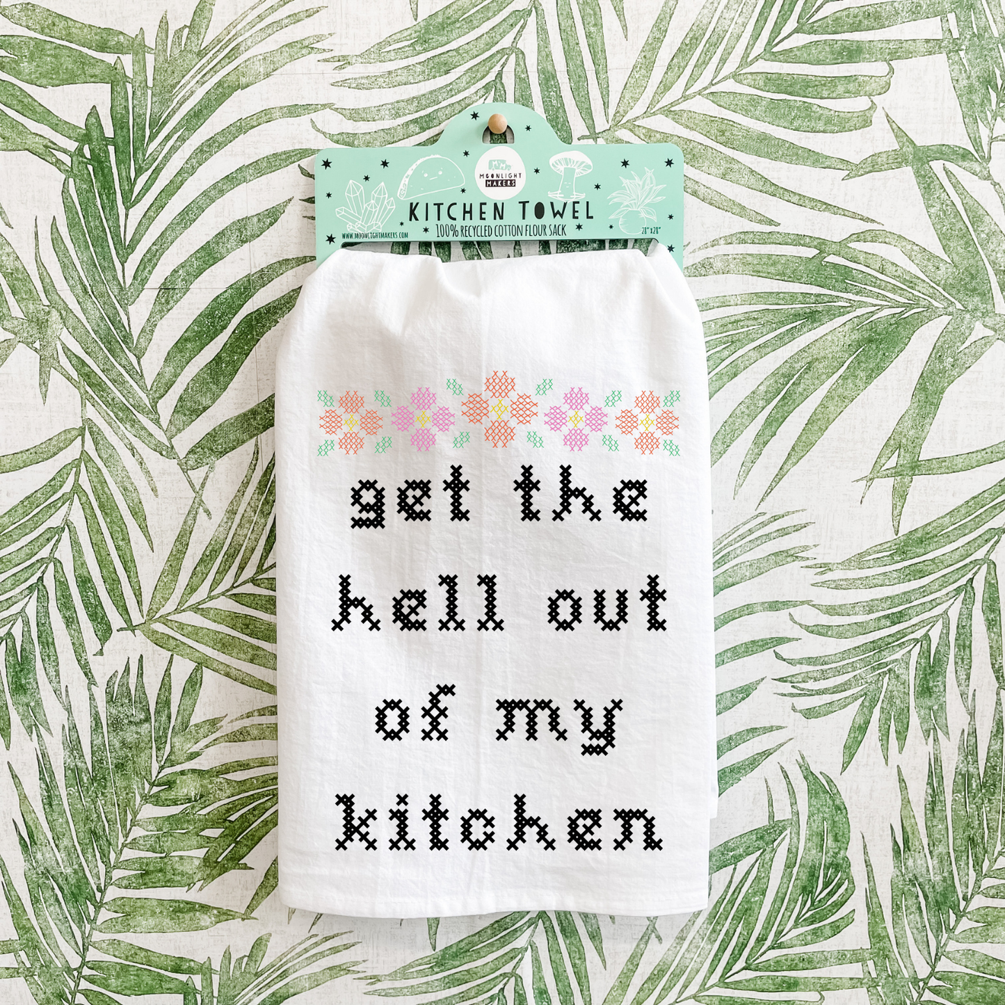 Colorful Cross Stitch Towels - Get Out of My Kitchen