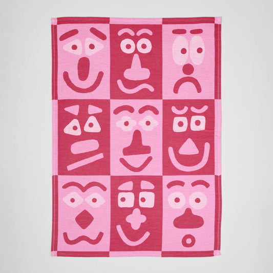 Making Faces Pink/Maroon Woven Cotton Tea Towel