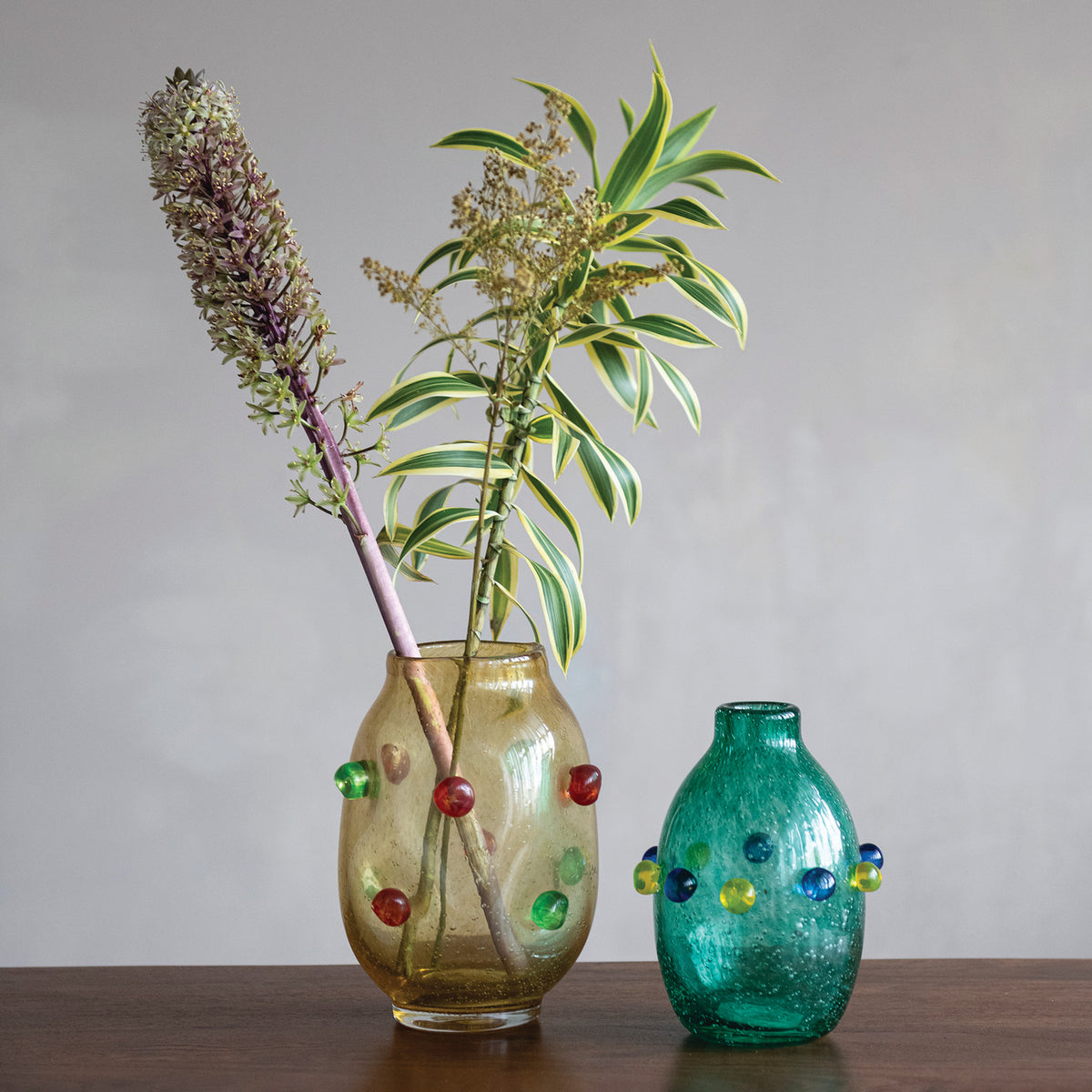 Hand-Blown Glass Vase with 3D Balls, Orange Color, Red & Green (Each One Will Vary)