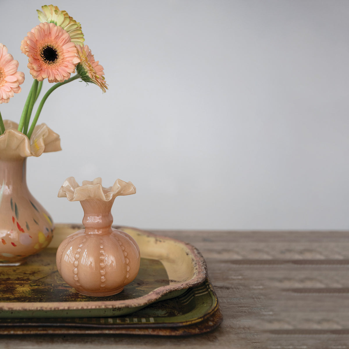 Hand-Blown Glass Ruffled Vase, Opaque Apricot Color