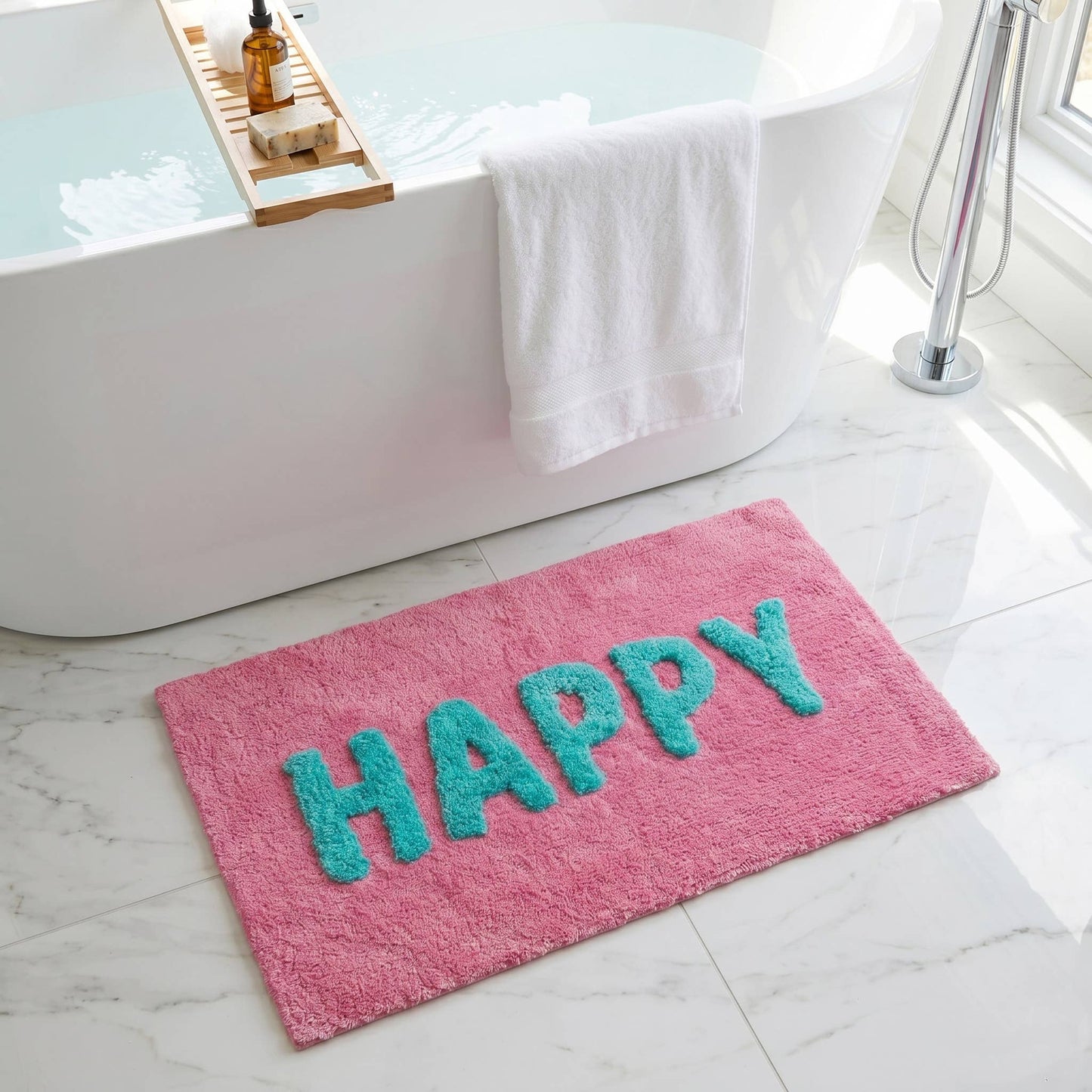 Happy Slogan Colourful Bath Mat Non Slip - Soft & Absorbent